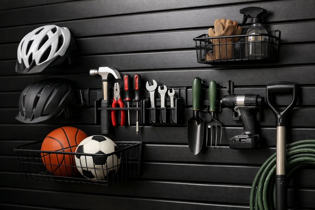 Black Slatwall Storage System with Neatly Organized Tools and Sports Gear