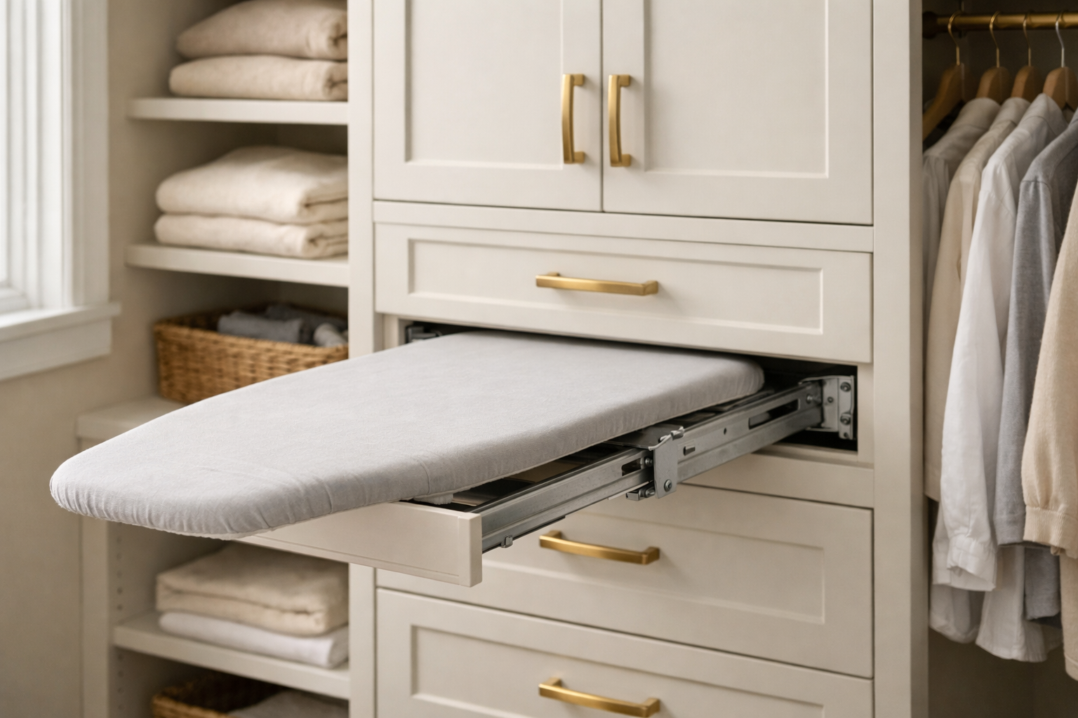 Custom closet system with a built-in pull-out ironing board.