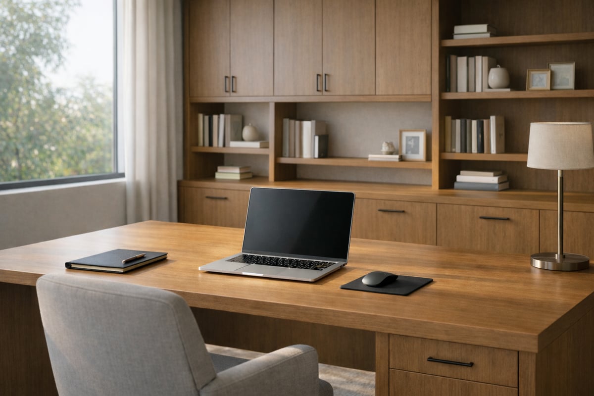 Image of a custom home office system with built-in cabinets and shelving in a warm wood tone.