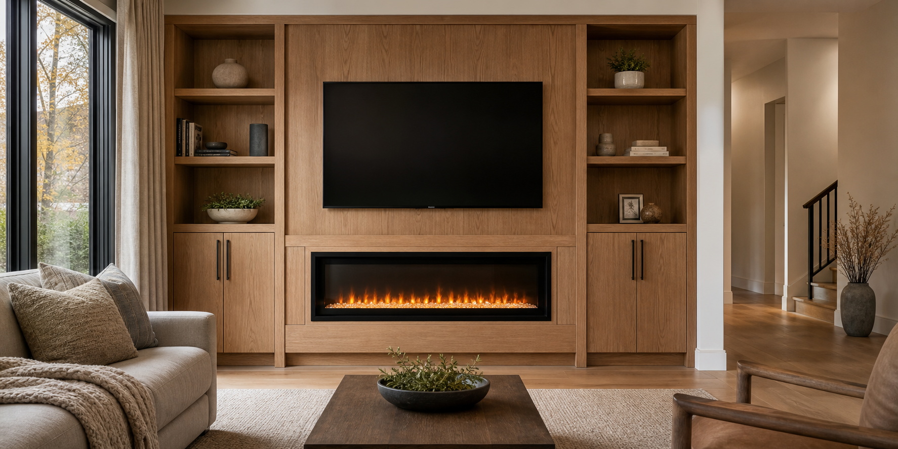 AI generated image of a custom media wall with an electric fireplace.