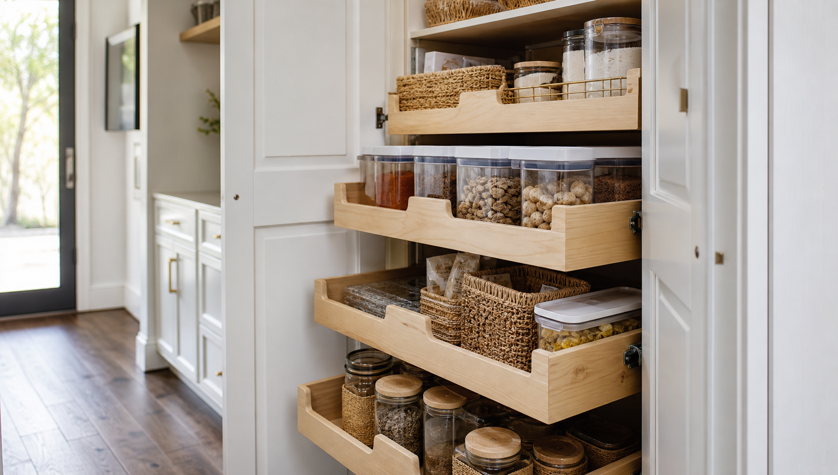AI-generated image of a custom pantry in white cabinetry with pull-out shelves - organized pantry - Houston, TX