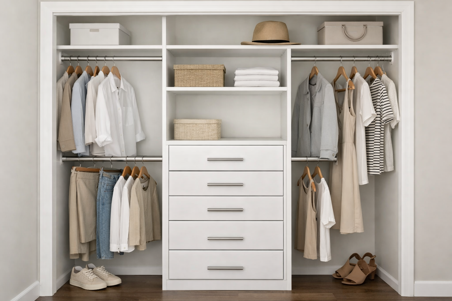 Custom reach in closet with double hanging sections and built-in drawers. Clothes and accessories are neatly organized.