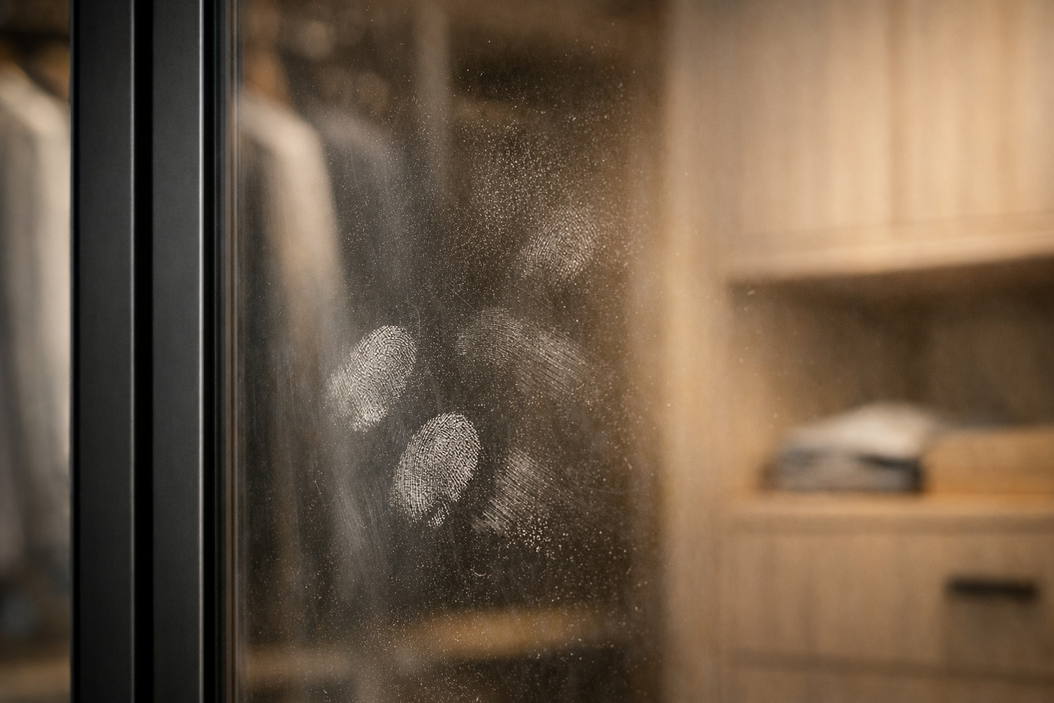 Close up image of fingerprints on a glass panel custom closet door.