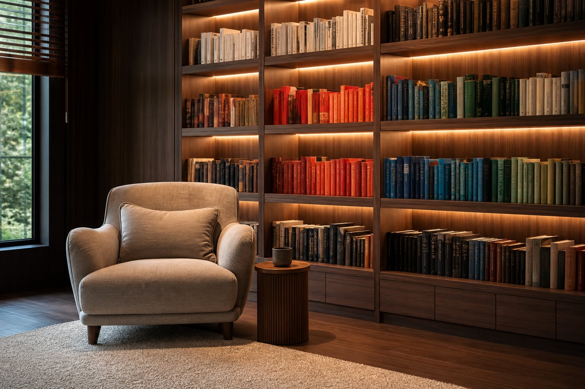 Home Library with Colorful Bookcases and Ribbon Lighting