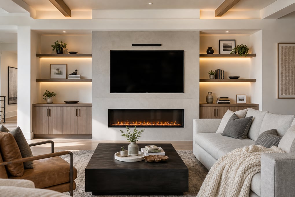 Media Wall Living Room with Shelves and Fireplace
