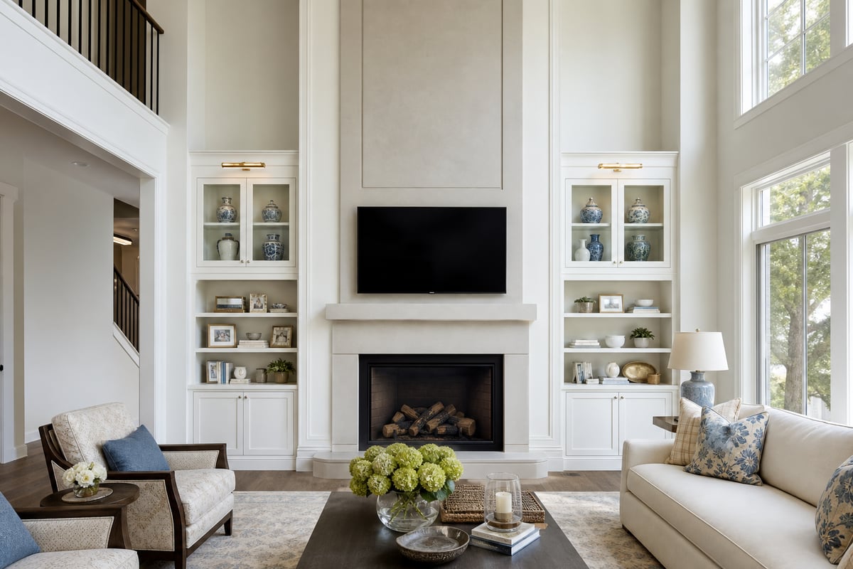 Modern Transitional Living Room with TwoStory Ceilings and Fireplace BuiltIns