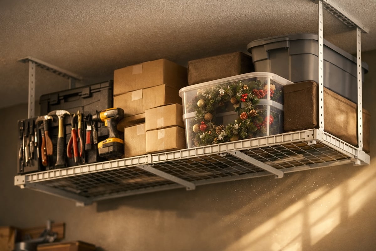 Overhead Storage Rack in Residential Garage