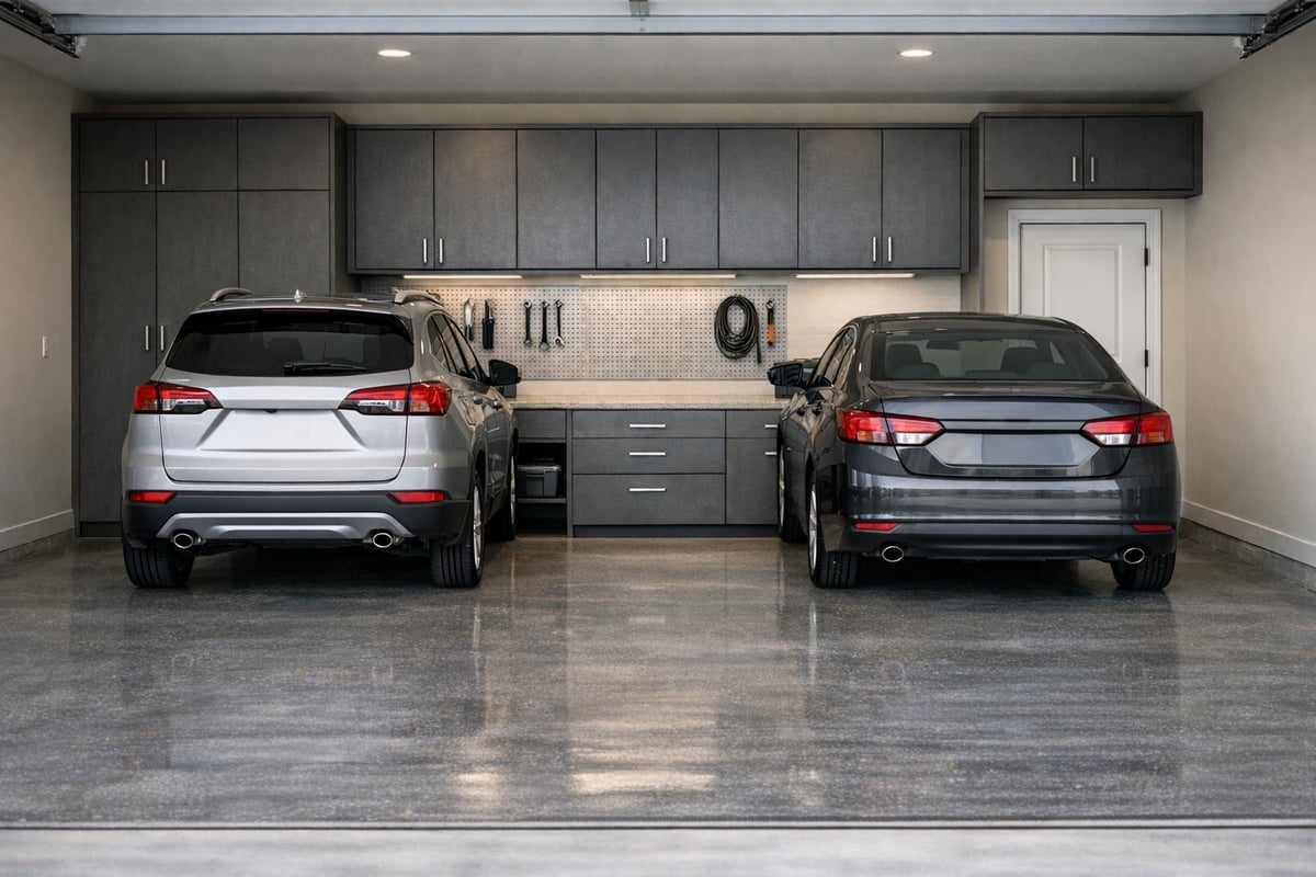 Two Car Garage with Custom Cabinets and Central Cars