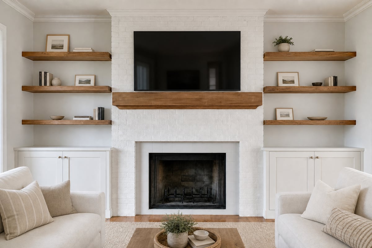 White Bungalow Living Room with Rugs Books and Shelves