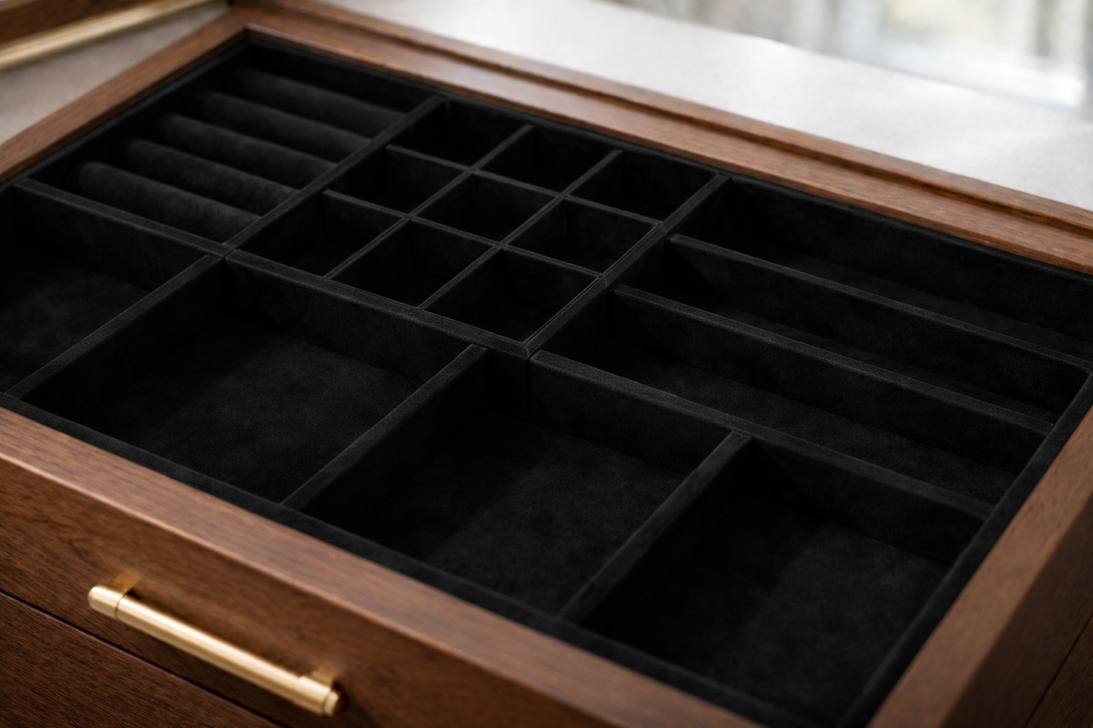 Image of a black velvet-lined jewelry organizer drawer insert.