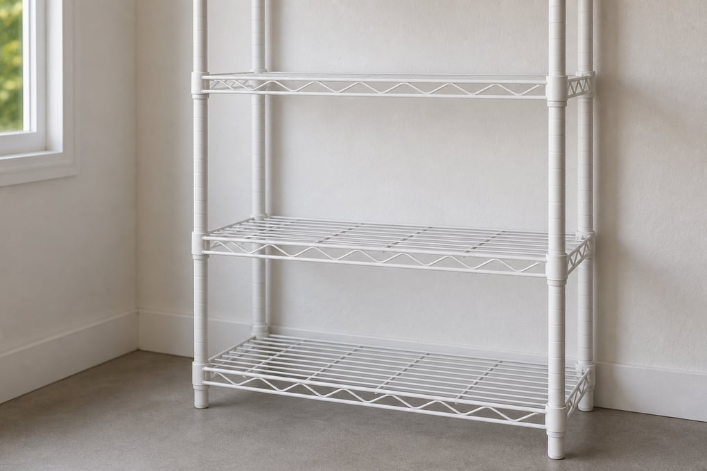 white wire open shelving unit garage storage