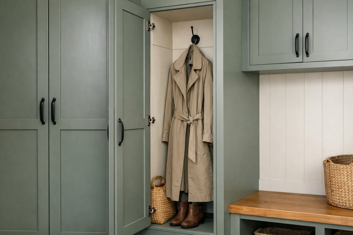Close up image of a custom mudroom storage locker with a jacket neatly hanging inside. 