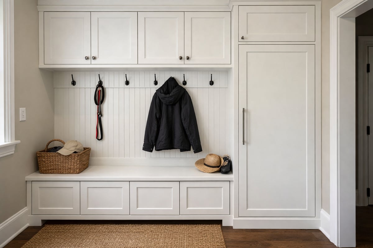 Custom mudroom with a built-in bench, cabinets, and hooks in clean white finish.