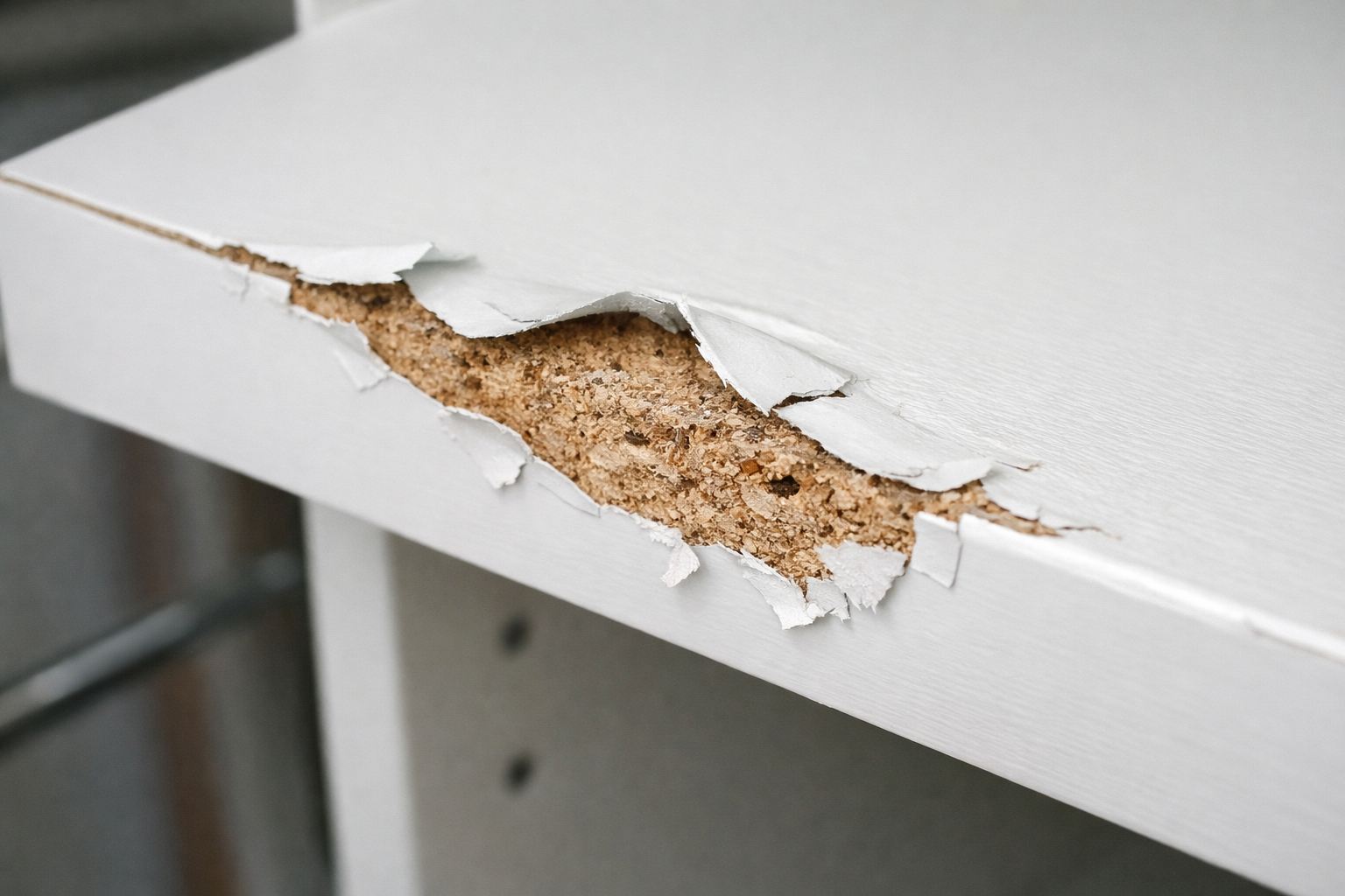 photographic close up shot of white closet storage module finish peeling off and exposing partleboard core