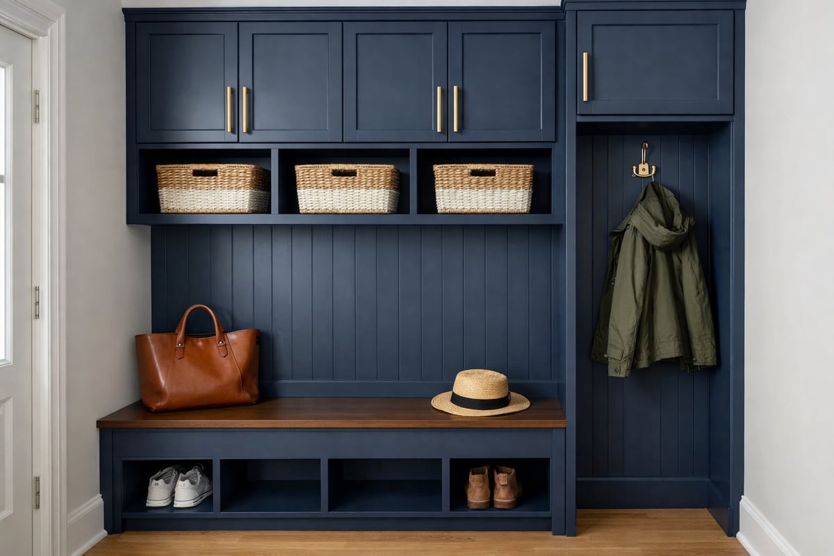 Custom entryway mudroom with built-in bench, storage cubbies, and cabinets in a modern navy finish with gold hardware.