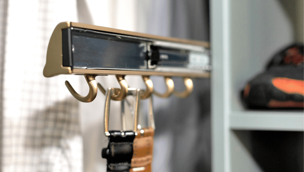 Close up image of a belt rack accessory in a custom closet designed in Houston, Tx.