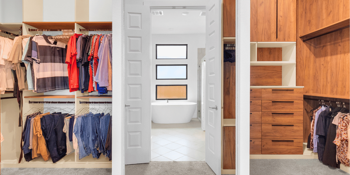 Photo of a custom his-and-hers closet designed and installed in Houston, Texas. 