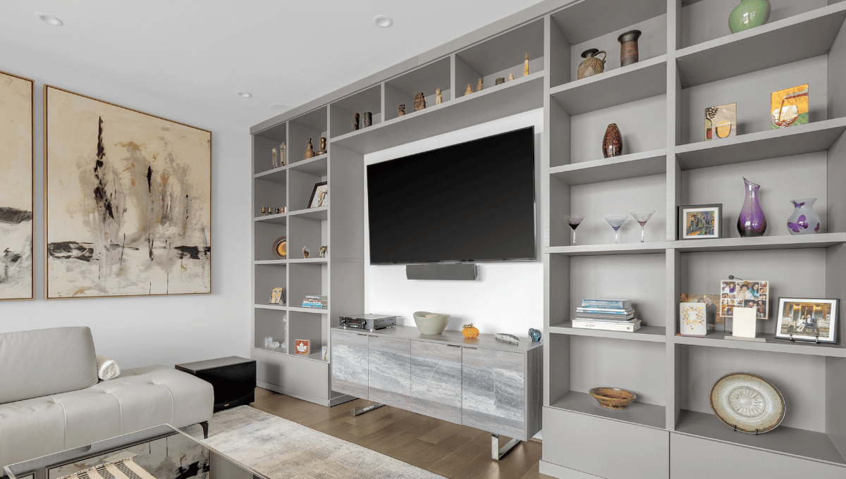 Custom family room entertainment center designed by SpaceManager Closets