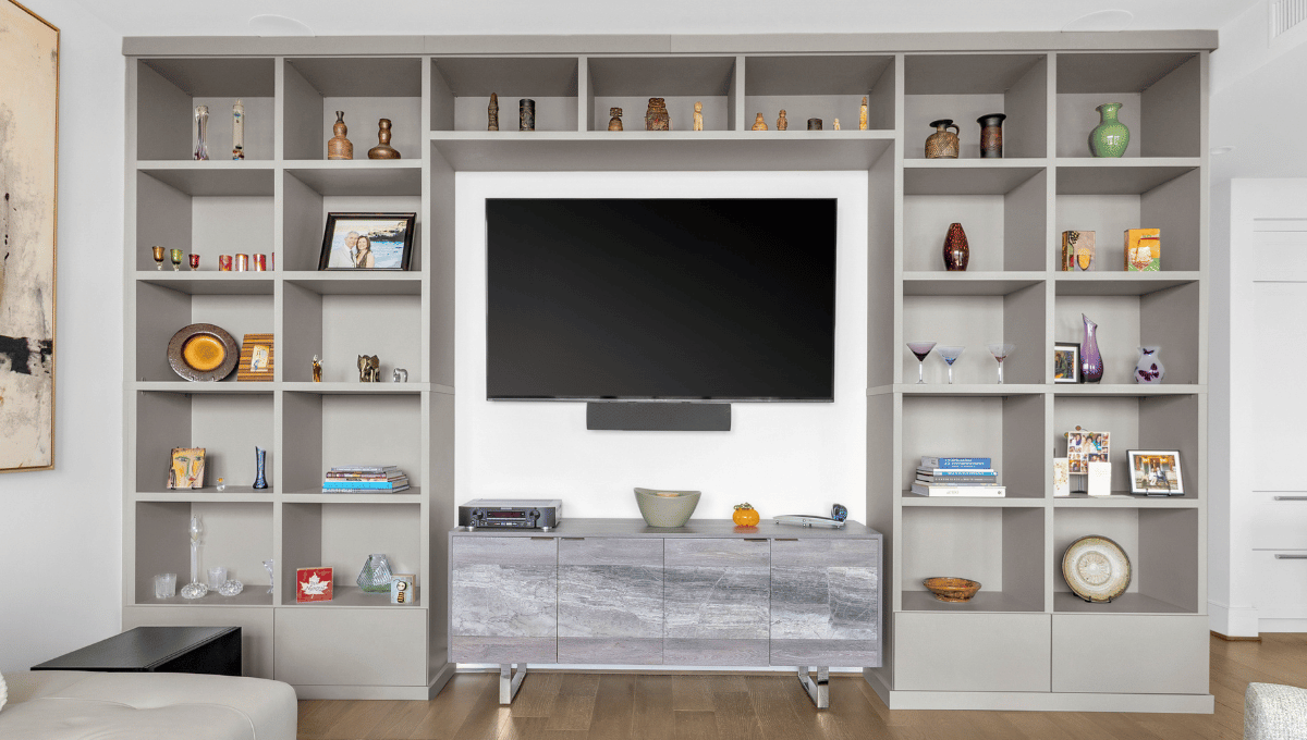Built-in entertainment center bookcases designed by SpaceManager Closets
