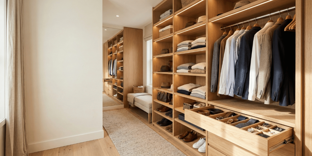 Image of a custom closet with built-in drawers and shelves in a light wood grain finish.