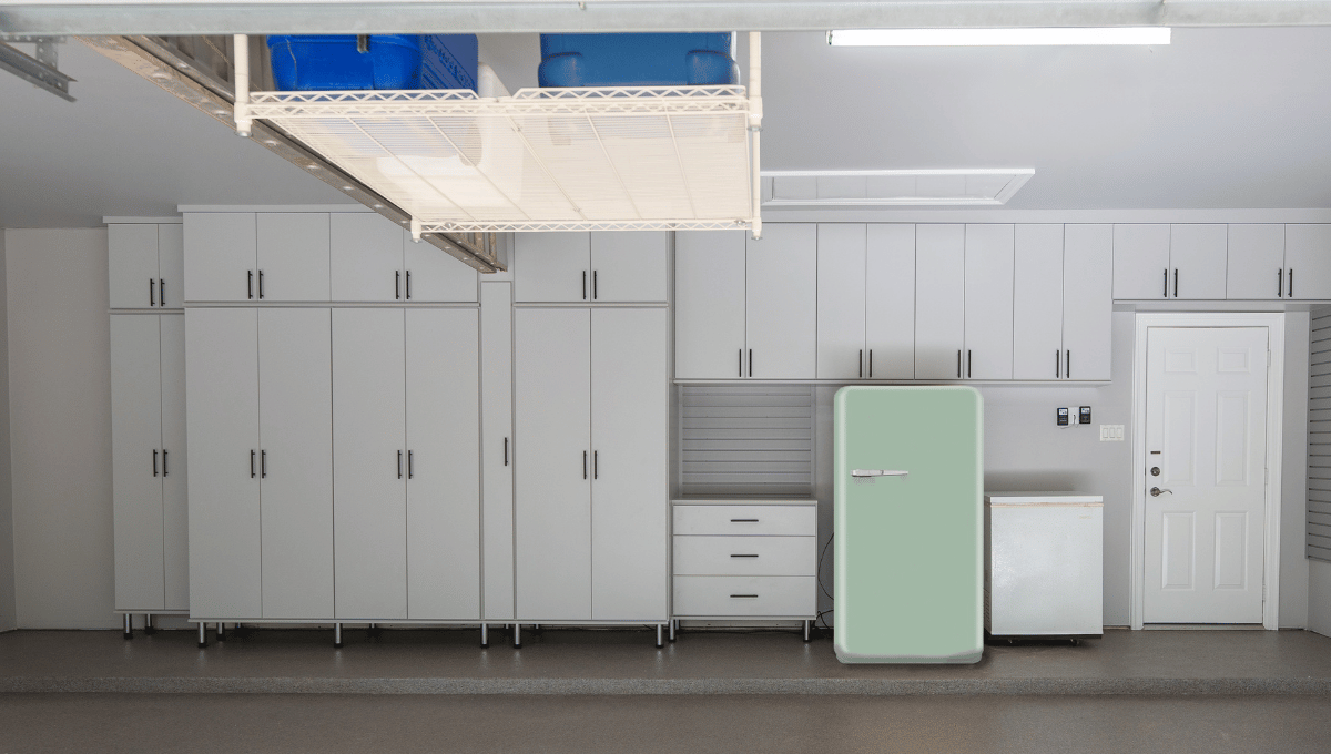 Custom garage storage with limited wall space using overhead storage rack.