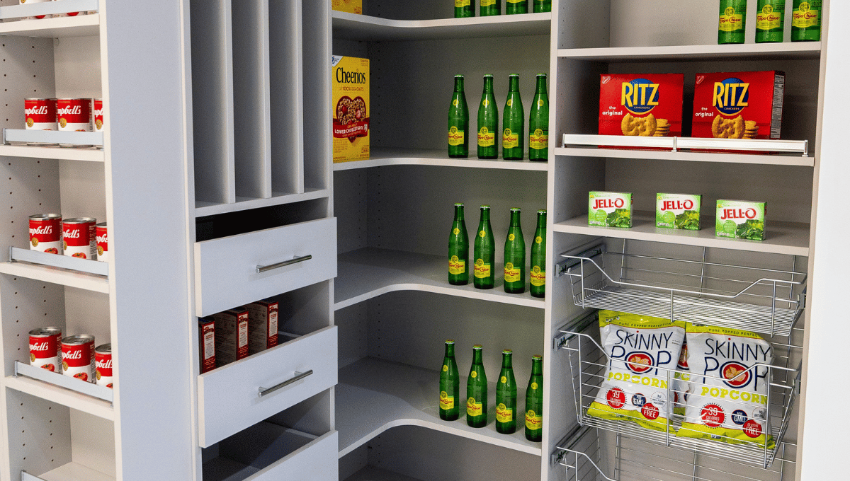 Custom pantry with built-in storage racks, wire pull-out baskets, canned goods storage - SpaceManager Closets 