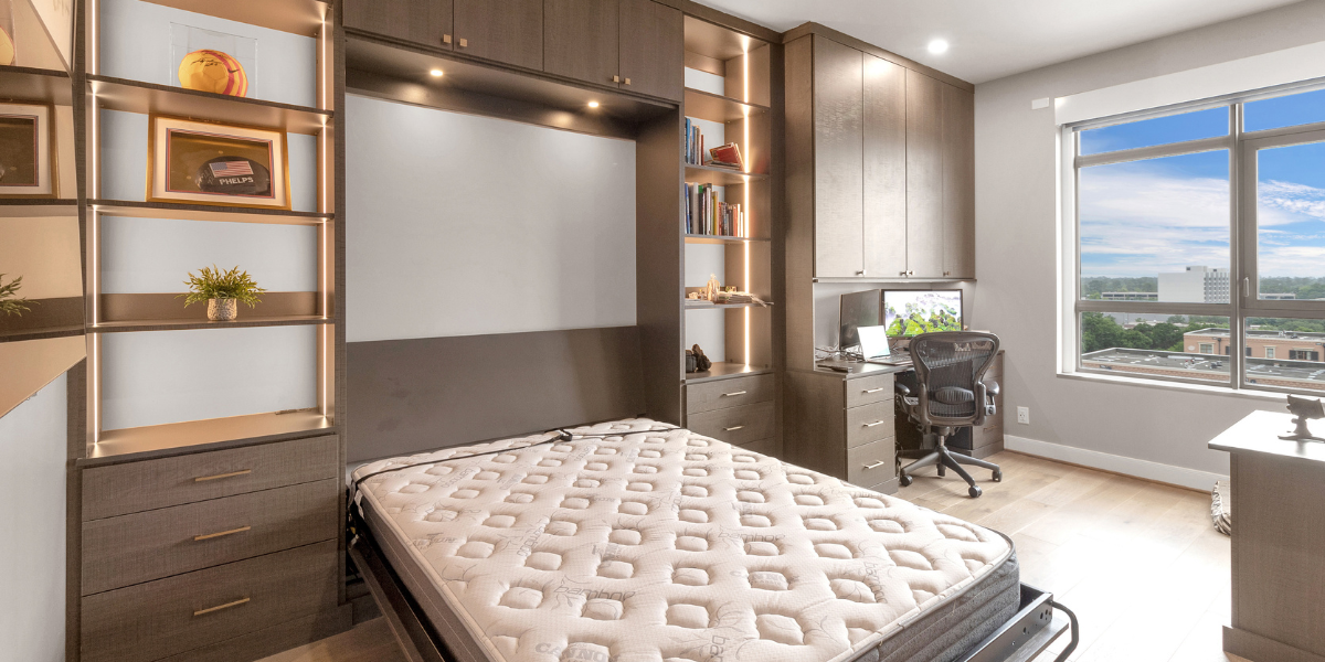 Small bedroom office conversion with Murphy bed and built-in desk designed by SpaceManager Closets