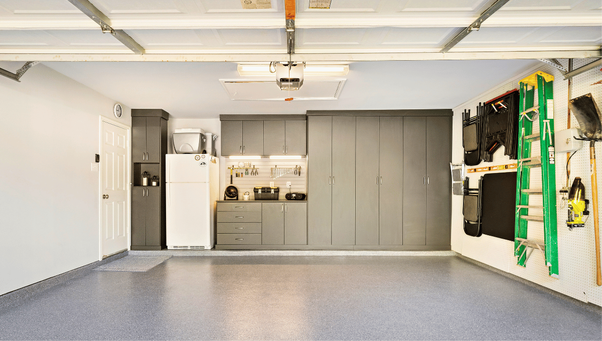 Custom garage storage using a perimeter layout with custom cabinets