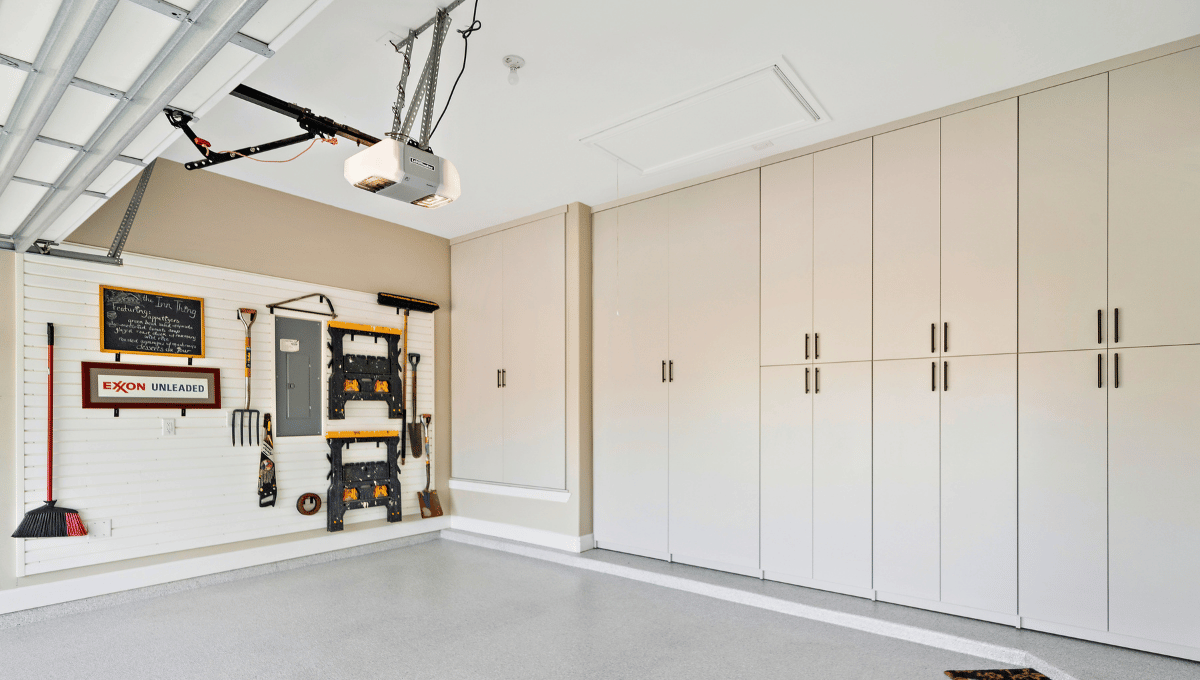 Single wall garage storage featuring custom cabinets designed and installed by SpaceManager Closets.