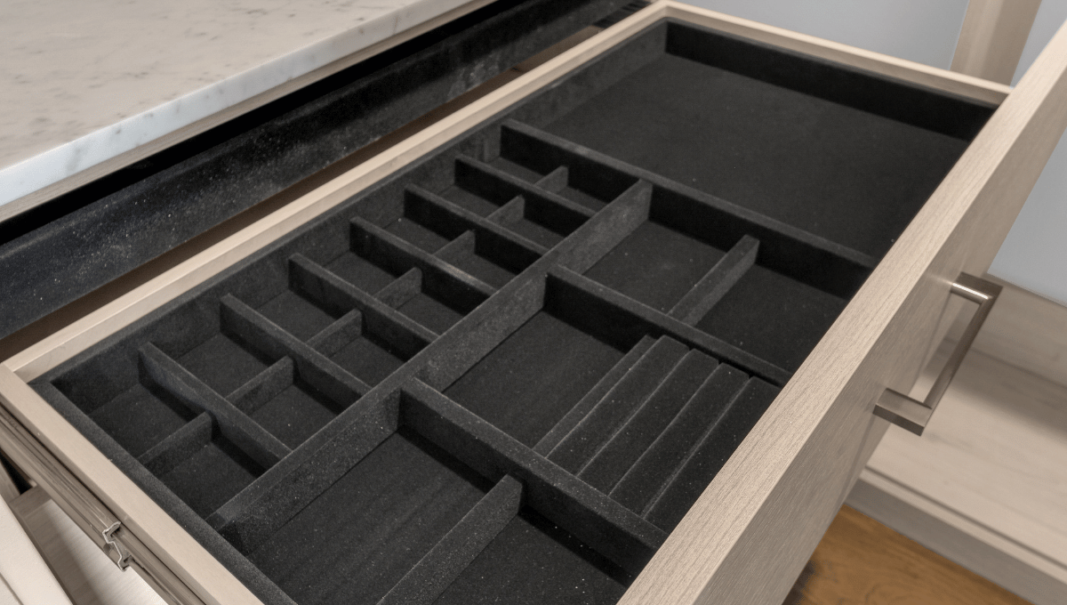 Close up image of velvet jewelry tray drawer inserts in a custom closet designed in Houston, Tx.
