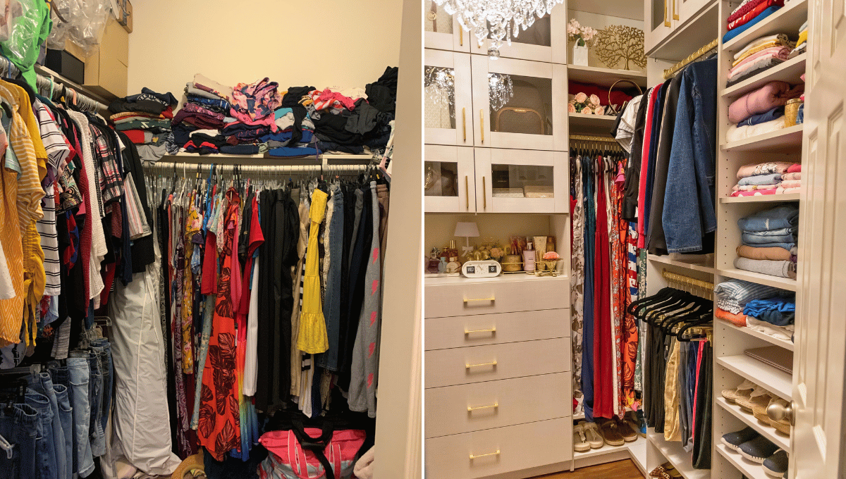 Before and after photo of a custom walk in closet designed and installed in Spring, Tx. 