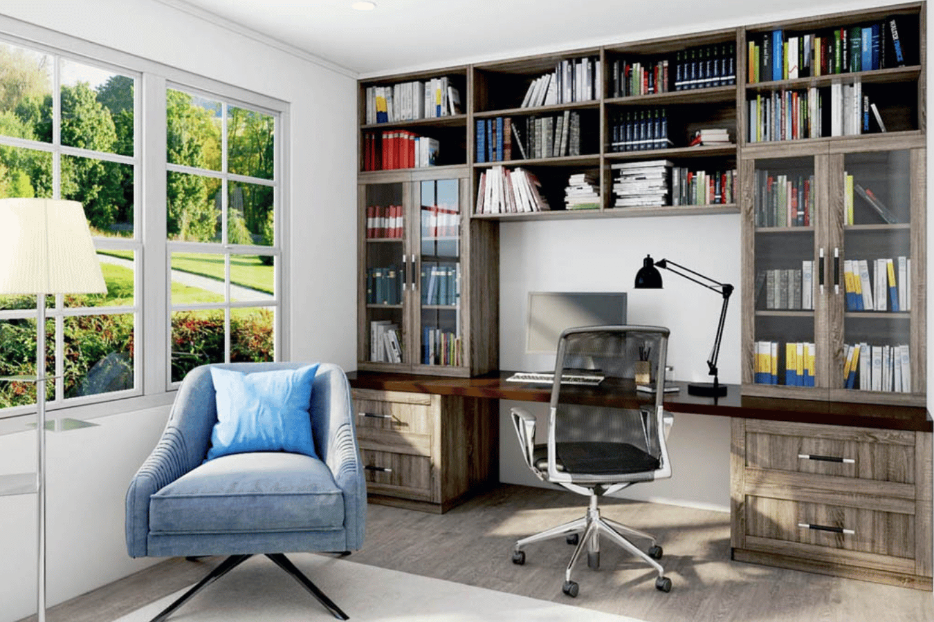 Custom shelving and cabinetry designed for books, collections, and personal retreats.